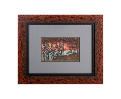 Untitled. Pastel on paper drawing depicting an intimate creek-side forest scene in the impressionist style. Blue matte border