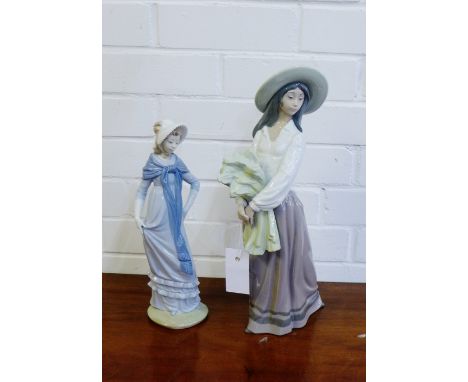 A Nao Spanish porcelain figure of a girl with a bonnet carrying wheat, 41cm high, together with another, (2) 