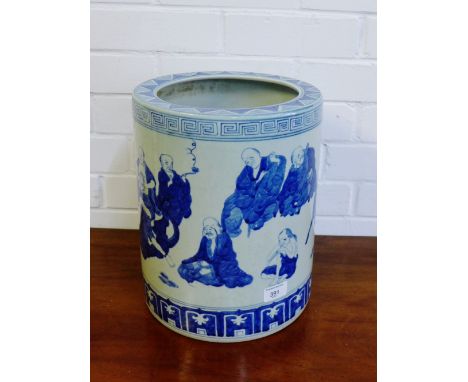 A Chinese blue and white stick stand, painted with sixteen figures, 32cm high
