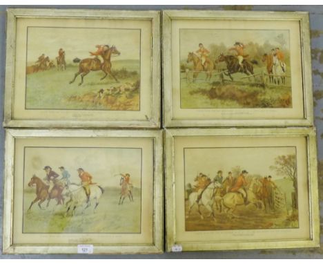 A set of four coloured Hunting Prints to include 'Approaching a Brook', 'The Old Squire and his Following', 'A Good Lead at T