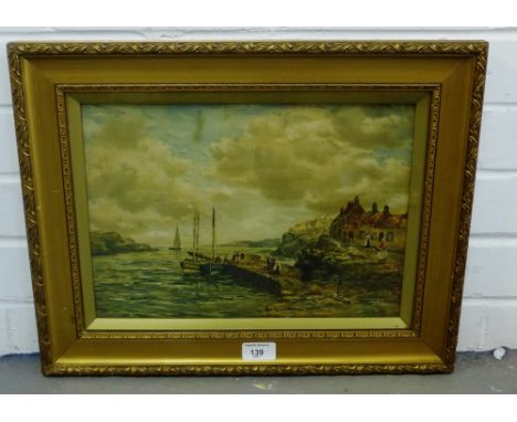 A Hamilton Glass coloured framed print of an 'East Coast Harbour Village', in a glazed gilt frame, 35 x 35cm 