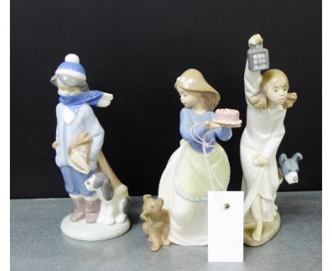 A collection of Spanish porcelain figures to include a Lladro figure of a Boy in Winter Time with his dog at his feet, togeth