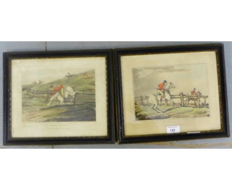 A pair of Alken coloured hunting prints to include 'Doing It Know How' and 'Doing it Somehow', in glazed ebonised frames, 23 
