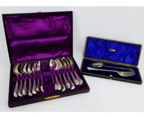 A cased set of twelve Victorian silver teaspoons together with matching sugar tongs, with makers marks for Josiah Williams & 