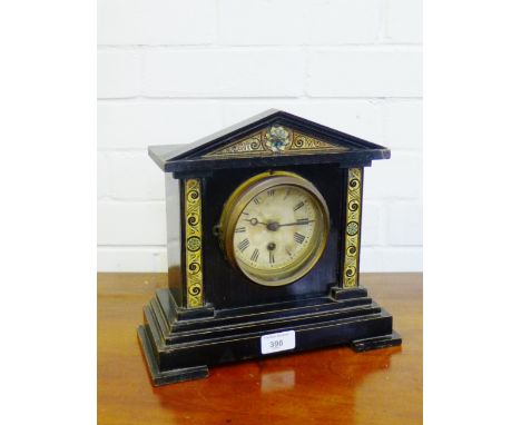 An ebonised wooden cased mantle clock with faux enamel mounts, 28cm high