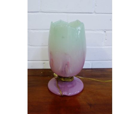 A Scottish Art glass table lamp base with pink and green swirled pattern, 25cm high 