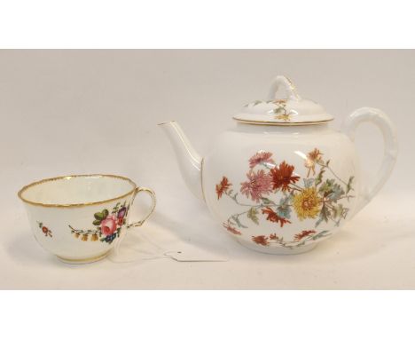 A Royal Worcester teapot with transfer printed decoration of flowers together with a possible Swansea hand painted cup and sa