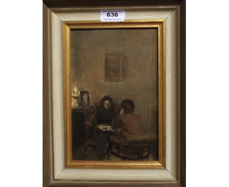 EDWARD DAWSON Playing Chess The Darkened Room, signed, oil on board, 25 x 32cm Condition Report: Available upon request