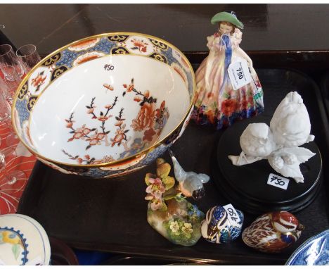 Royal Doulton figure Easter Day, two Royal Crown Derby bird paperweights, Spode imari pattern bowl and other items Condition 