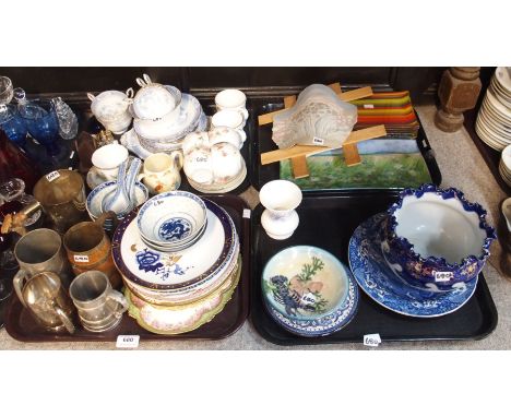 A Spode blue and white plate, other pottery plates, glass rectangular dishes, teawares and assorted other items Condition Rep