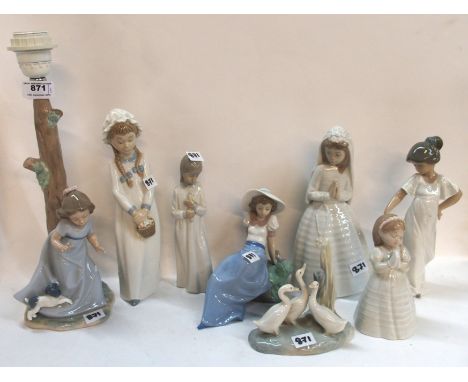 A collection of Nao figures including a Bride and Bridesmaids, a girl and puppy lampshade and five other figures Condition Re