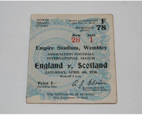 An England v. Scotland 1936 International ticket stub Condition Report: Available upon request