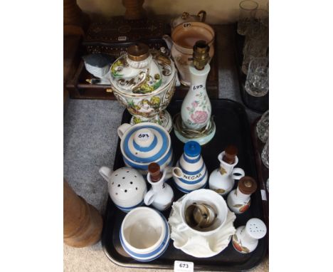 TG Greene Vinegar bottle, flour shaker and other pieces, Capodimonte style lamp base, wooden inlaid tray and box and other de