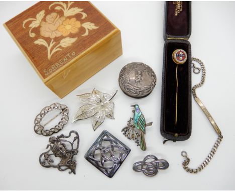 A silver paua shell bird brooch, Celtic style silver brooches, a micro mosaic pin in original box, a silver trinket box and o