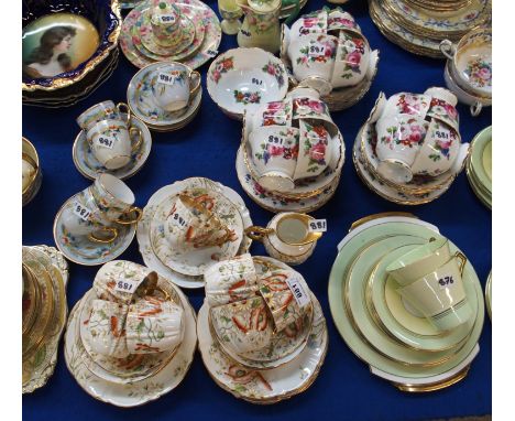 A floral transfer printed continental teaset together with an Aynsley poppy decorated part teaset and blue coffee cups and sa