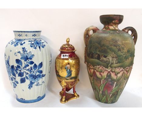 A Vienna porcelain urn and cover together with a pottery vase decorated with tulips and a Delft vase Condition Report: Vienna