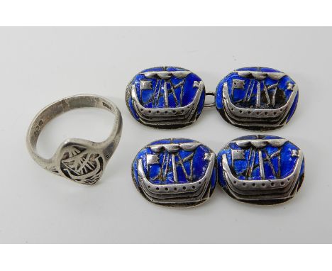 A pair of white metal Alexander Ritchie enamelled Viking longship cufflinks stamped AR Iona, and a silver Alexander Ritchie I