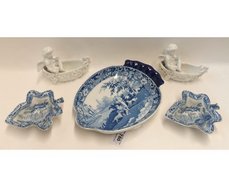 Two Spode blue and white leaf shaped pickle dishes and a Davenport blue and white printed dish together with two white glazed