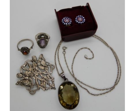 A pair of Caithness glass earrings, a large silver mounted smoky quartz pendant with a silver rope chain etc Condition Report