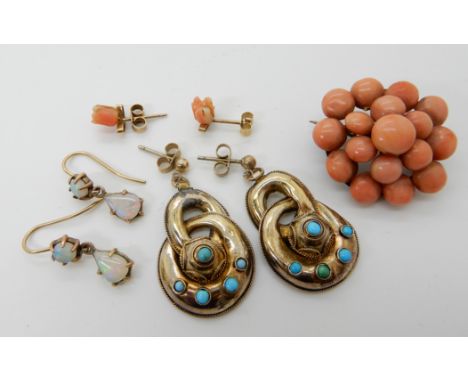 A pair of yellow metal opal drop earrings, yellow metal knot earrings set with turquoise a coral brooch and coral rose bud ea