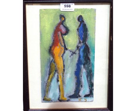 K SINCLAIR Two figures, monogrammed, oil on  board, 27 x 15cm Condition Report: Available upon request