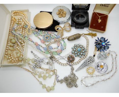 A collection of vintage costume jewellery and compacts to include a military Compass, magnetic marching mark 1, B282867 Condi