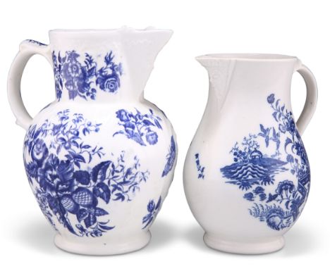 TWO CAUGHLEY BLUE AND WHITE JUGS, comprising A 'PINE CONE' PATTERN JUG, with cabbage-leaf moulded body and mask moulded spout