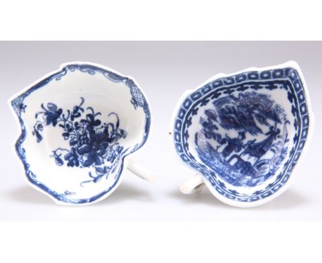 A CAUGHLEY PICKLE DISH, CIRCA 1780-90, of typical leaf-form, underglaze blue decorated with the 'Fisherman and Cormorant' pat