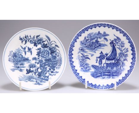 TWO WORCESTER BLUE AND WHITE SAUCERS, the first in the 'Fence' pattern, open crescent with added letter, c.1775; the second i