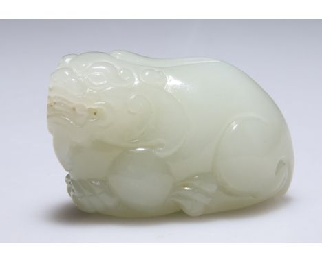 A JADE CARVING OF A RECUMBENT QUILIN. 3.5cm by 5cm by 3cmView 360 degree spin: https://sarlydro.sirv.com/ELSTOB%2027TH%20MAY/
