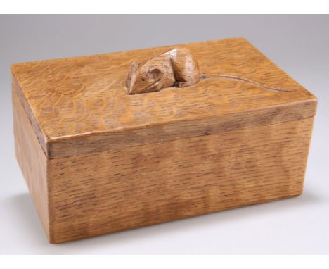 ROBERT THOMPSON OF KILBURN, A MOUSEMAN ADZED OAK TRINKET BOX, of rectangular form with lift-off cover, with carved mouse sign