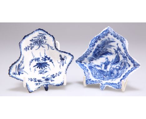 A WORCESTER PICKLE DISH, CIRCA 1760, leaf-shaped, underglaze blue decorated with flowers and foliage, 9cm; together with A CA