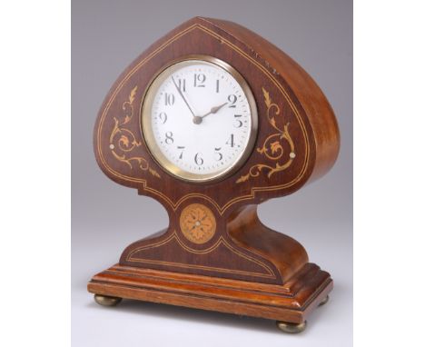 AN ART NOUVEAU INLAID MAHOGANY MANTLE CLOCK, the white enamelled dial with Arabic numerals, the case of bulbous-section, inla