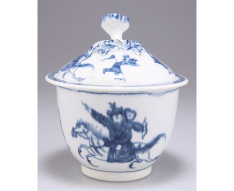 A RARE WORCESTER SUCRIER AND COVER, CIRCA 1765-70, painted in blue with the 'Eloping Bride' pattern, a Chinese archer and his