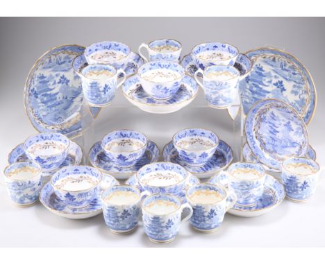 A GROUP OF MILES MASON 'WILLOW' PATTERN TEA WARES, comprising nine tea cups, eight tea bowls, eleven saucers, and two sandwic