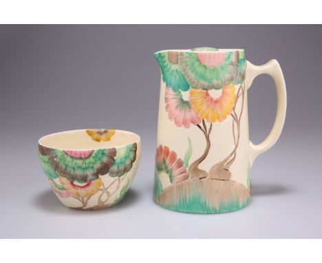 A CLARICE CLIFF 'AUREA' PATTERN HONEYGLAZE HOT WATER JUG, of tapering form with an angular handle, Clarice Cliff, Royal Staff