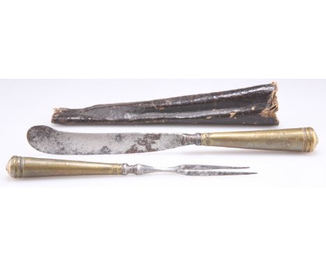 A RARE SET OF CAMPAIGN CUTLERY, CIRCA 1725, comprising knife and fork, with brass handles embossed 'S.S', in original leather