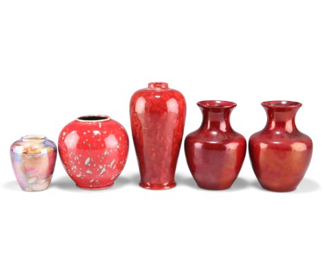 FIVE VASES, comprising A PAIR OF FRAUNFELTER USA RED LUSTRE VASES, of baluster form with trumpet necks, printed marks and num