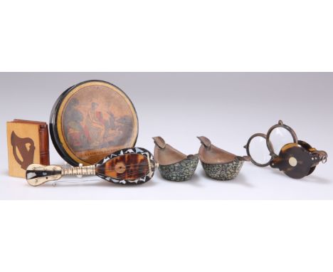 A 19TH CENTURY PAPIER-MÂCHÉ&nbsp;SNUFF BOX, 'LA CHEVRE NOURRICE', 9.5cm diameter; AN IRISH NOVELTY BOOK-FORM VESTA CASE; A TO