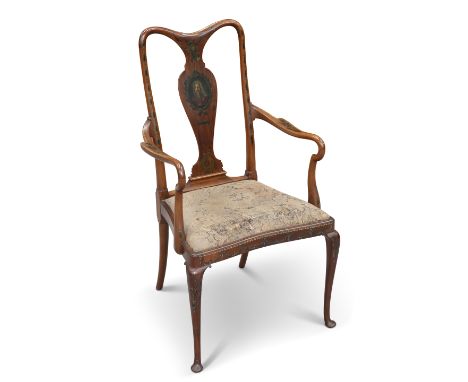 AN EDWARDIAN PAINTED WALNUT “MUSICIAN’S” CHAIR, the vasi-form splat painted with a portrait of Handel and musical trophies, o