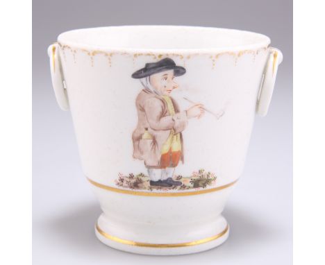A 19TH CENTURY PORCELAIN SMALL CACHE-POT, with ring handles and raised on a circular foot, painted with a caricature of a man