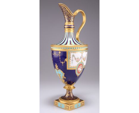 A FINE ROYAL CROWN DERBY PEDESTAL EWER, BY DESIRE LEROY, of shouldered ovoid form, with a waisted neck and scroll handle, rai