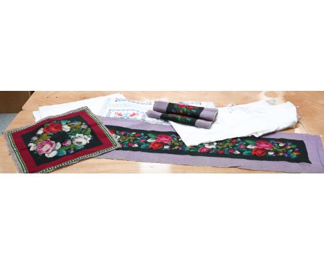 ASSORTED TEXTILES, comprising&nbsp;A VICTORIAN LARGE WHITE DAMASK LINEN TABLECLOTH;&nbsp;A RED AND BLUE EMBROIDERED AND CROCH