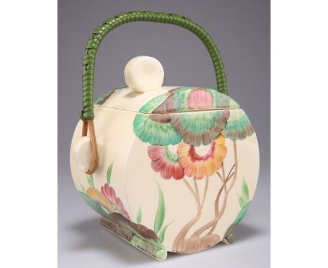 A CLARICE CLIFF BIZARRE 'AUREA' PATTERN BONJOUR BISCUIT BARREL, with a woven green cane handle, Clarice Cliff Bizarre Wilkins