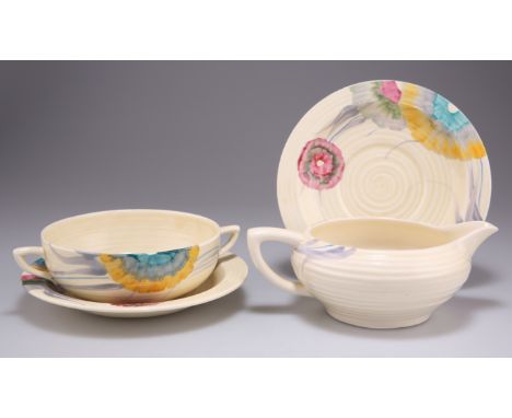 A CLARICE CLIFF BIZARRE AUREA PATTERN LYNTON SOUP BOWL AND SAUCER, AND A MILK JUG AND SAUCER, Clarice Cliff Bizarre Wilkinson