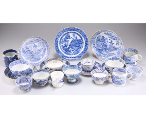 A MIXED LOT OF 18TH AND 19TH CENTURY BLUE AND WHITE, including tea bowls, saucers and cups. (20) Largest saucer 16cm diameter