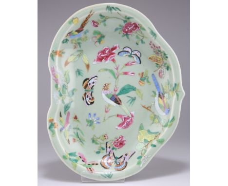 A MID-19TH CENTURY CHINESE ENAMEL DECORATED CELADON DISH, CANTON, leaf-shaped, decorated with birds, butterflies and scattere