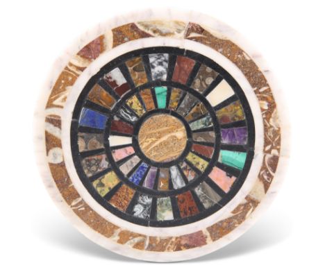 A 19TH CENTURY SPECIMEN MARBLE PLAQUE, circular form and inset with various hardstone tiles, including amethyst, lapis lazuli
