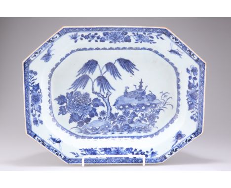 AN 18TH CENTURY CHINESE EXPORT BLUE AND WHITE MEAT DISH, rectangular with canted corners, painted with insects to the border,