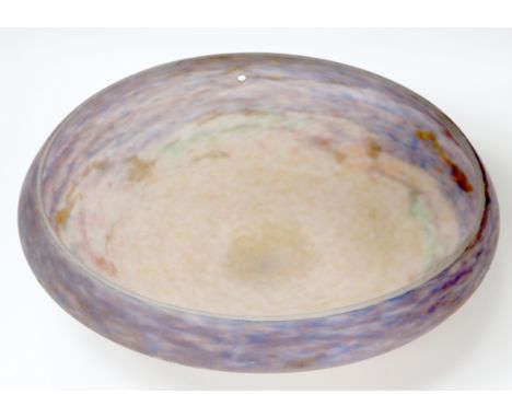 A MULLER FRES LUNEVILLE GLASS CEILING LIGHT BOWL, frosted purple, green and blue mottled colouration, signed. 40cm diameter, 